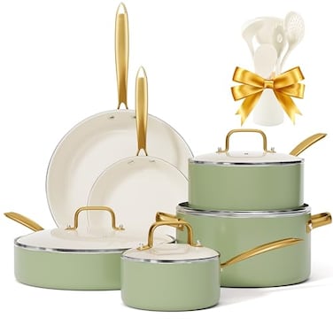 VONIKI Pots and Pans Set Non Stick Ceramic Cookware Set with Cooking Utensils Set Non Toxic Kitchen Cookware Sets Dutch Oven Pot with Lid Saucepan Set Saut Pan Frying Pan Set for Cooking Gifts
