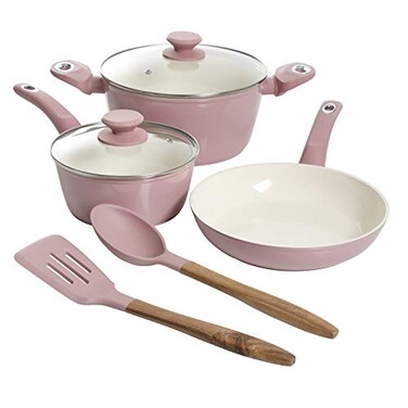 Gibson Home Plaza Caf Forged Aluminum Healthy PFAFree Ceramic Pots and Pans Cookware Set 7Piece Set Lavender Pink