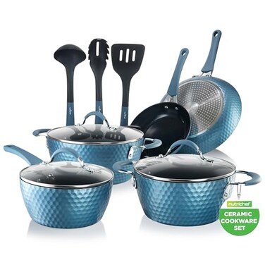 NutriChef 11 Pc Pots and Pans Set Non Stick Cookware Set with Ceramic Coating Ergonomic Handles Induction Ready Includes Saucepan Dutch Oven Large Small Fry Pans Royal Blue