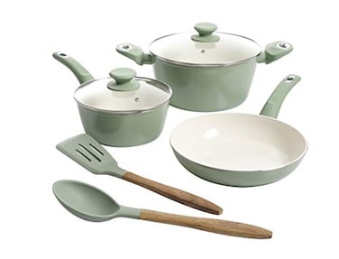 Gibson Home Plaza Caf Forged Aluminum Healthy PFAFree Ceramic Pots and Pans Cookware Set 7Piece Set Mint Green