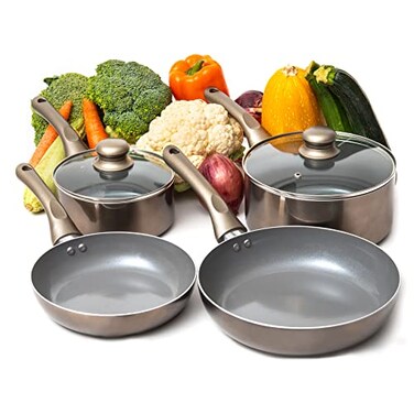 Moss & Moss Stone 6 Pcs Dark Grey Nonstick Cookware Set Pots And Pans Set Non stick With Glass Lid Induction Cookware StayCool Handle PTFEPFOA Kitchen Pots 6Piece with Frying Pans Saucepan