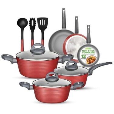 NutriChef Professional 12Piece Red Nonstick Cookware Set PFOAPFOSFree Heat Resistant Lacquer Elegant Design MultiSized Pots and Pans