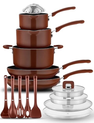 NutriChef Space Saver 17Piece Nonstick Cookware Set Brown Pots and Pans with Stackable Design Foldable Handles Induction Ready