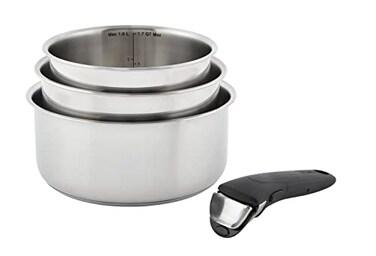 T-Fal Tfal Ingenio Expertise Stainless Steel Cookware Set 4 Piece Induction Oven Safe Stackable Cookware Pots and Pans RV Camping Frying Pans Dishwasher Safe DetachableRemovable Handle Silver
