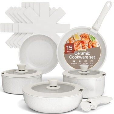 BAKKENMASTER Bakken 15Piece NonStick Cookware Set with Detachable Handles Granite Stackable Pots and Pans Set Dishwasher Safe OvenSafe and Compatible Kitchen Essential for All Stoves Cream