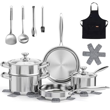 Meythway Pots and Pans Set Non Toxic 16PCs Stainless Steel Cookware Set with Steamer Kitchen Induction Cookware with Utensil Sets Pot Protectors and Apron For Oven Dishwasher Safe