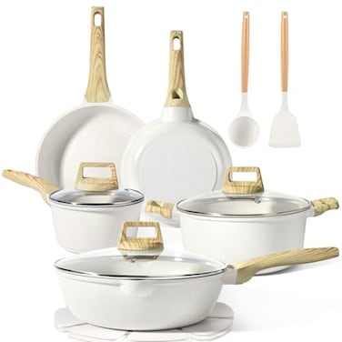 GiPP Pots and Pans Set Non Stick 14 Pcs White Granite Kitchen Cookware Sets Nonstick Induction Cookware Cooking Pan Set with Frying Pans Saucepans and Silicone Utensils PFOS PFOA Free