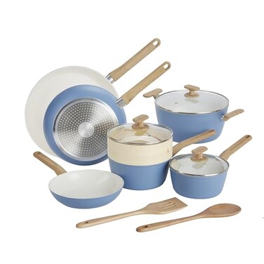 GoodCook 12Piece Healthy Ceramic TitaniumInfused Cookware Set Light Blue Pots Pans Steamer Spoon Turner Induction Cookware Kitchen Pots Pans Set Nonstick Cooking Pan Set