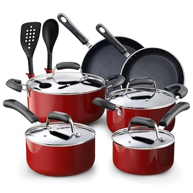 Cook N Home Professional Pots and Pans Nonstick Cookware Set Kitchen Cooking Set with Frying Pans and Saucepans Induction Compatible 12Piece Red