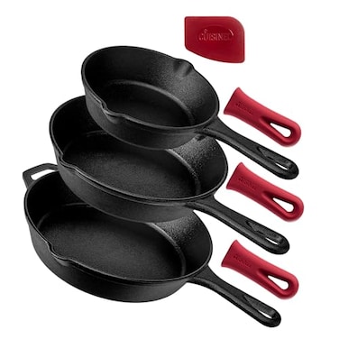 Cuisinel Cast Iron Skillets Set 3Piece 6 8 10Inch Chef Frying Pans PreSeasoned Cookware 3 Silicone Handle Cover Grips Use IndoorOutdoor Grill Stove BBQ Fire Oven