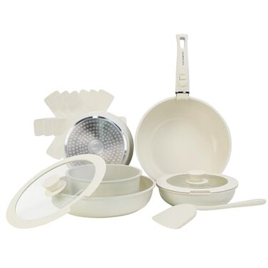 LECOOKING 11 PCS Pots and Pans Set Cookware set with removable Handles Dishwasher and oven Safe Detachable Cooking Set Induction and Gas Stove kitch set White