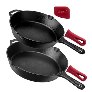 Cuisinel PreSeasoned Cast Iron Skillet 2Piece Set 10Inch and 12Inch Oven Safe Cookware 2 HeatResistant Holders Indoor and Outdoor Use Grill Stovetop Induction Safe