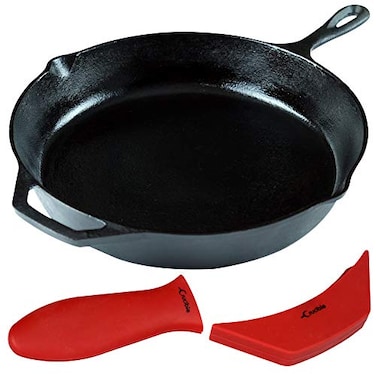 Crucible Cookware 12Inch Cast Iron Skillet Set PreSeasoned Including Large Assist Silicone Hot Handle Holders Indoor Outdoor Use