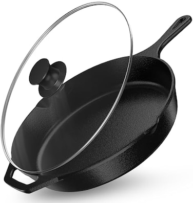 Utopia Kitchen Premium Saute Frying Pan 12 Inch Cast Iron Chefs Pan Pre Seasoned Cast iron Skillet With Lid Safe Grill Cookware for Indoor Outdoor Use Black
