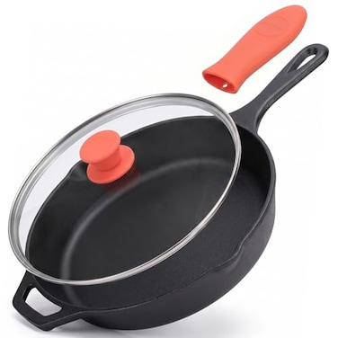 NutriChef 12Inch Cast Iron Skillet wLid PreSeasoned Oven Safe Nonstick CoolTouch Silicone Handle For All Cooktops NCCI12