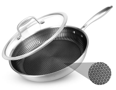 NutriChef 12 Stainless Steel Frying Pan with Lid Triply Hybrid Large Skillet Scratchresistant Raisedup Honeycomb Fire Textured Pattern Oven DIshwasher Safe NC3PL12