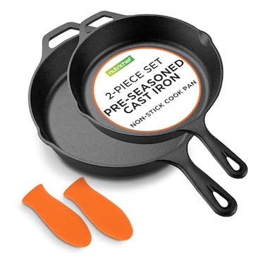 NutriChef 10 12 PreSeasoned Cast Iron Pans Durable Nonstick Skillets CoolTouch Silicone Handle For Oven Grill All Stovetops