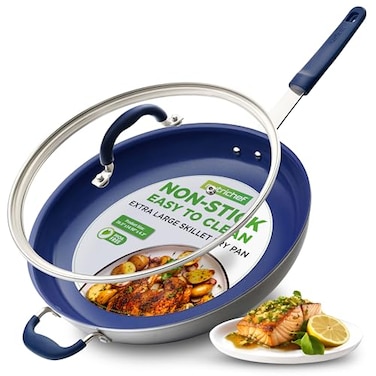 NutriChef 14 Fry Pan With Lid Extra Large Skillet Nonstick Frying Pan with Silicone Handle Ceramic Coating Blue Silicone Handle StainResistant And Easy To Clean Professional Home Cookware