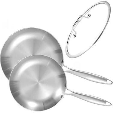 LOLYKITCH 8510 Inch Triply Stainless Steel Frying Pan Set with LidSkilletsInduction CookwareDishwasher and Oven Safe