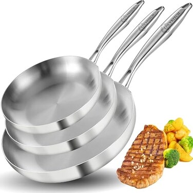 LOLYKITCH 81012 Inch TriPly Stainless Steel Frying Pan Set Professional Skillet Fast Even Heating Induction Oven Safe Cookware for Modern Home Kitchens Detachable Handle