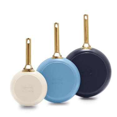 GreenPan 8 10 and 12 3 Piece Frying Pan Skillet Set Hard Anodized Ceramic Nonstick PFASFree Gold Handle Dishwasher Safe Oven Safe Blue and Cream Mix