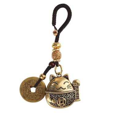 Mansiyuyee Lucky Cat Statue Keychain with Five Emperors Money Feng Shui Coins Maneki Neko Figure Holding a Streamer Lucky Tassel