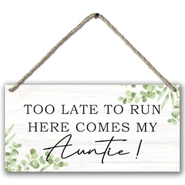 PHAMTE Ring Bearer Sign Ring Bearer Wedding Too Late to Run Here Comes My Auntie Plaque Sign Wall Hanging Rustic Wedding Decor Decorations 12 x 6 Inches