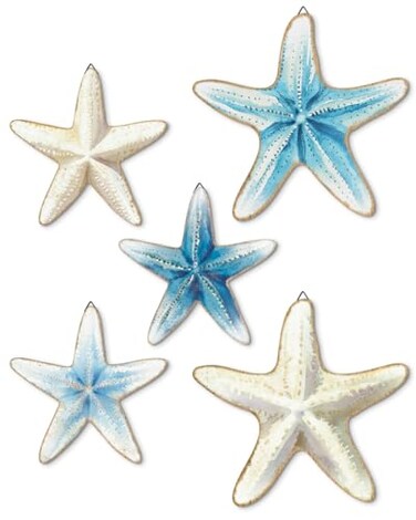 Putuo Decor Blue and White Starfish Beach Wall Dcor Set 5 Piece Nautical Hanging Decor for Coastal Homes Bathrooms Poolside Spaces Its not 3D