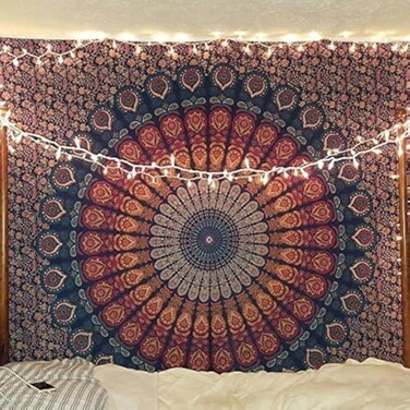 Bless International Handmade Indian hippie Bohemian Psychedelic Peacock Mandala Wall hanging College Dorm Beach Throws Table Cloth Bedding Tapestry Golden Blue Poster30x40Inches76x101cms