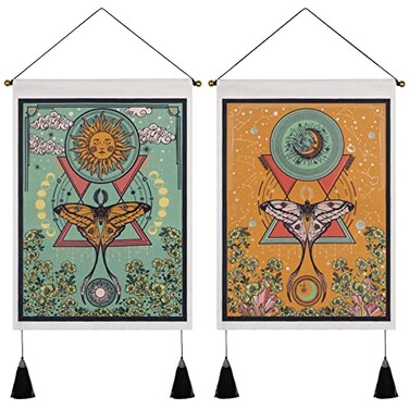 Jufay Pack of 2 Sun and Moon Tapestries Moth Tapestry Orange and Green Flower Vine Wall Hanging 138 x 197 inches