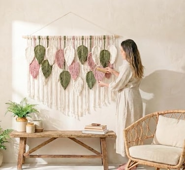 WOODSTICK Large Macrame Wall Hanging 39W x 295L Boho Wall Decor in Beige Old Pink Green Chic Woven Leaf Leaves Boho Tapestry Handmade Cotton Fiber Art Macrame Wall Dcor Bedroom Tapestry