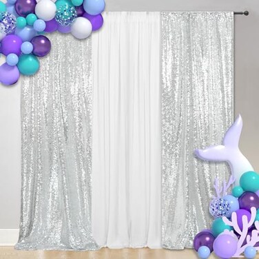SquarePie Sequin Curtain 2FT x 8FT Silver 2pcs Backdrop Background for Wedding Party Christmas