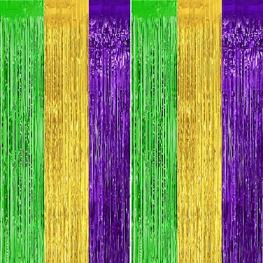 Jremreo 2 Pack 32ft x 98ft Mardi Gras Metallic Foil Fringe Curtain Purple Green Gold Tinsel Curtains Streamers Party Photo Booth Props Backdrop for Mardi Gras Themed Party St Patricks Day