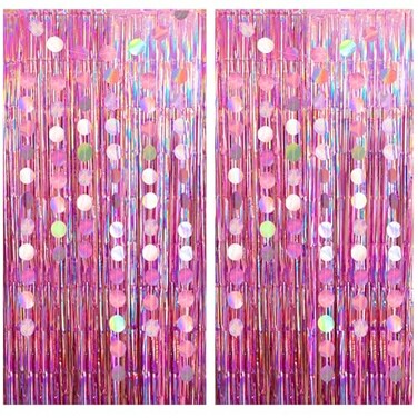 CHAROUP 2 Pack Pink Party Streamers Tinsel Curtain with 2 Pack Garlands