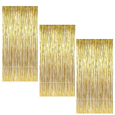 BigBigMe Gold Fringe Backdrop 3 Pack Gold Foil Curtains Party Streamers for Birthday Wedding Bachelorette Party Decor Disco Party Decor