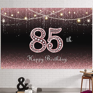 HAMIGAR 6x4ft Happy 85th Birthday Banner Backdrop 85 Years Old Birthday Decorations Party Supplies for Women Rose Gold