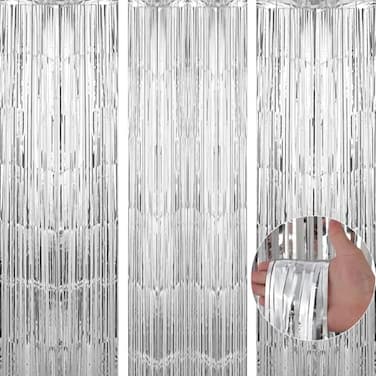 TenLaitech 3 Pack 33 x 99 ft Silver Foil Fringe Backdrop Curtain Streamer Backdrop Curtains Streamers Birthday Party Decorations Tinsel Curtain for Parties Galentines Decor Preppy Photo Booth
