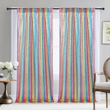 Pufogu 28FT2PCS Rainbow Sequin Backdrop Curtains Panels Photography Backdrop Glitter Curtains Fabric Background for Wedding Party Decor