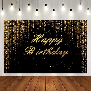 DIZHI 5x3ft Black And Gold Happy Birthday Banner Backdrop Decorations Golden Sparkle Glitter Bokeh Sequin Spots Photography Background Cake Table Decor Photo Studio Props