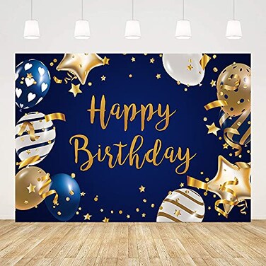 ABLIN 7x5ft Happy Birthday Backdrop Navy Blue Background Gold Stars Blue White Stripe Balloons Photography Background Birthday Party Decorations Cake Table Baner Decor Props