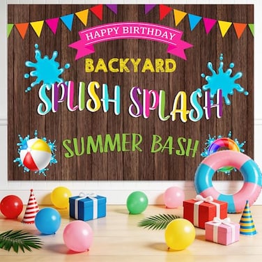 ABLIN 7x5ft Summer Pool Party Backdrop for Birthday Splish Splash Summer Bash Backyard Pool Party Decorations Wood Pennant Photography Background Pool Party Banner Props