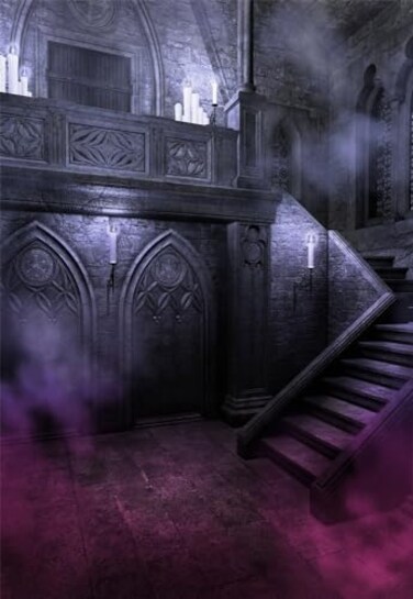 AOFOTO 5x7ft Gloomy Gothic Style Castle Stairs Backdrop for Photography Scary Room Halloween Night Horrible Haunted House Interior Stone Wall Background Vampire Ghost Theme Decors Photo Shoot Props