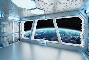 AOFOTO 7x5ft Spaceship Interior Backdrop Space Station Spacecraft Cabin Window View On Earth Background Futuristic Science Fiction Universe Outer Space Exploration Room Decors Photo Shoot Props