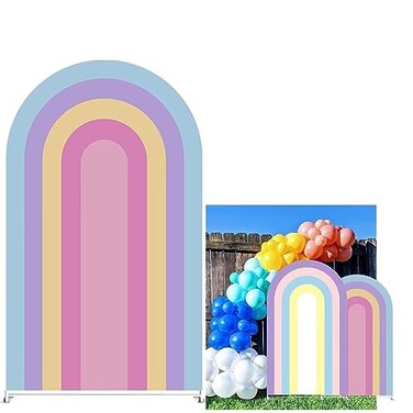 AOSTO Rainbow Arch Backdrop Cover for Birthday Baby Shower Party Decoration4x7ft Double Sided Pastel Rainbow Background Elastic Fabric Cover GX1497