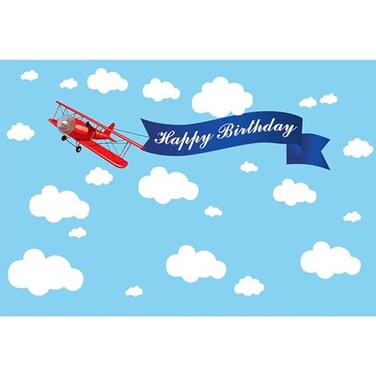 Baocicco 5x4ft Happy Birthday Red Plane Backdrop Cartoon Plan Blue Sky White Cloud Happy Birthday Photography Background Birthday Party Backdrop Boy Girl Photo Portraits Studio Video Props Booth