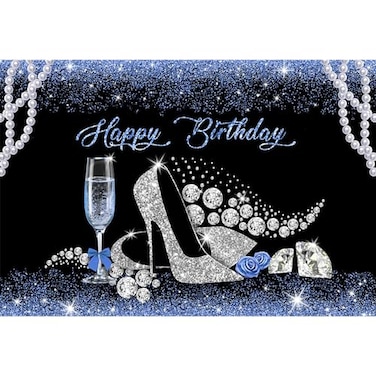 Baocicco 7x5ft Happy Birthday Backdrop with Pearl and Diamond High Heel Shoes Banner in Blue Glitters for Queens Birthday Party Photo Studio Prop