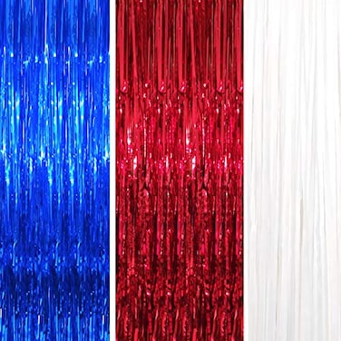 BRTOPMY 3 Packs 32ft x 83ft Shimmer Red White Blue Metallic Tinsel Curtain Patriotic Shiny Foil Fringe Curtain Photo Backdrop for Multipurpose Occasions