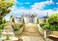 CapiSco 10X8FT Castle Stairs Backdrop Vinyl Photography Studio Background Outdoor Fountain Blue Sky White Clouds Wedding Party Decoration Polyester Seamless Photo Studio Booth Backdro SCO44C