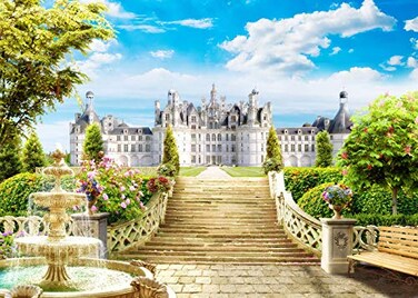 CapiSco 10X8FT Castle Stairs Backdrop Vinyl Photography Studio Background Outdoor Fountain Blue Sky White Clouds Wedding Party Decoration Polyester Seamless Photo Studio Booth Backdro SCO44C