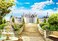 CapiSco 10X8FT Castle Stairs Backdrop Vinyl Photography Studio Background Outdoor Fountain Blue Sky White Clouds Wedding Party Decoration Polyester Seamless Photo Studio Booth Backdro SCO44C